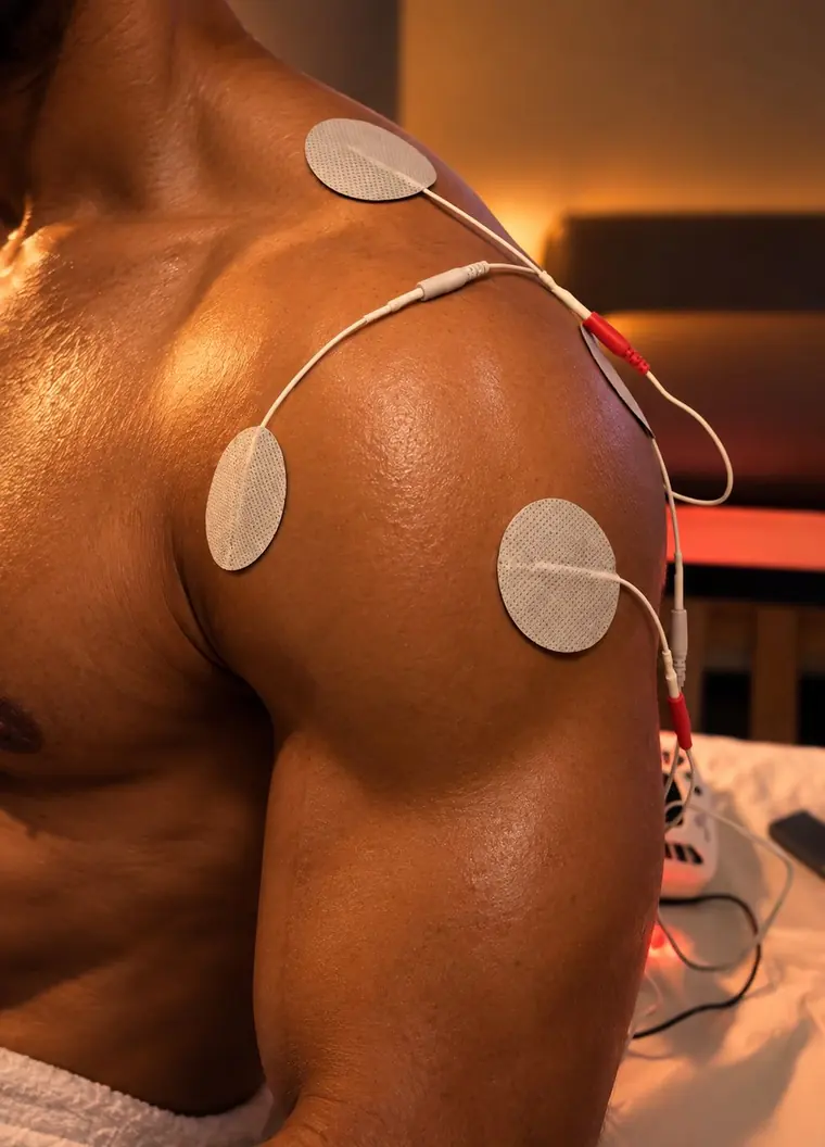 Muscle stimulation electrodes on a client's shoulder.
