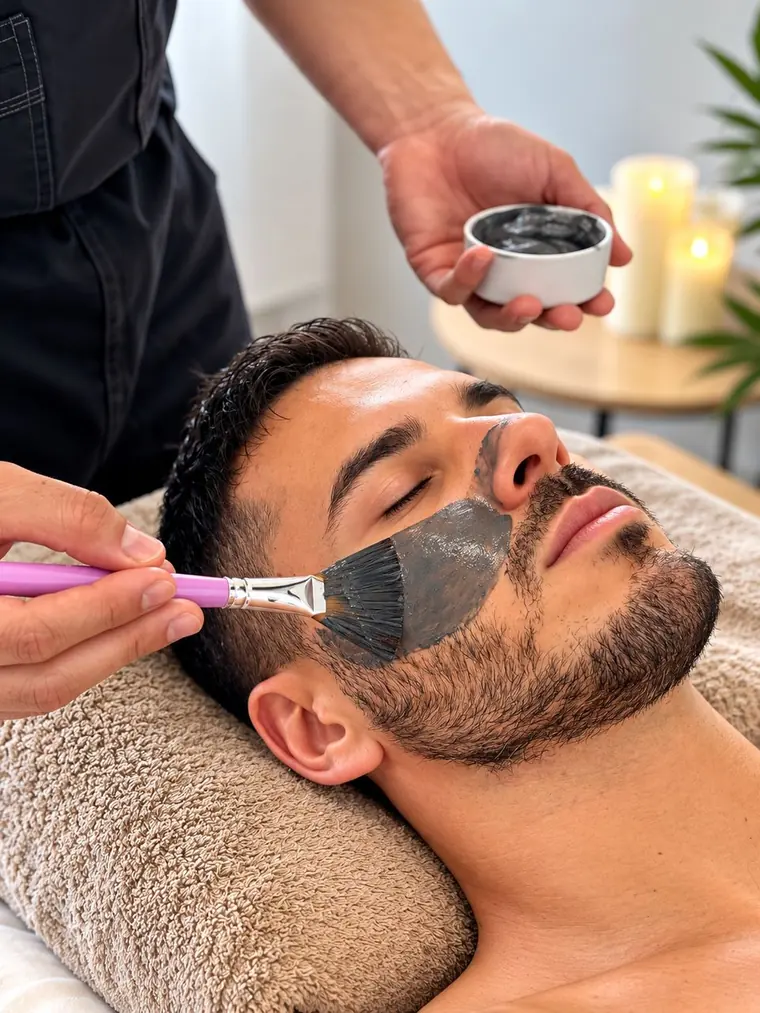 Client with a charcoal mask during a deep facial cleansing.